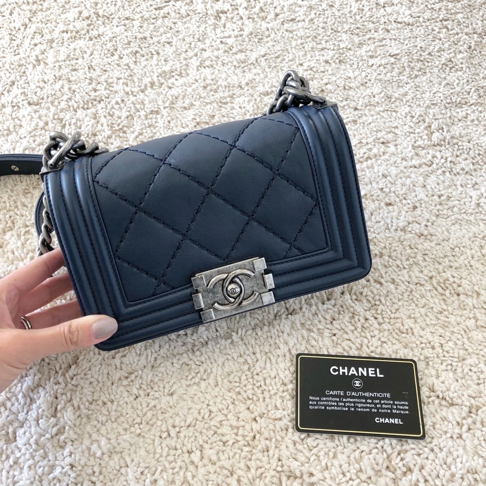 Chanel Calfskin Double Stitch Small Boy Bag Navy